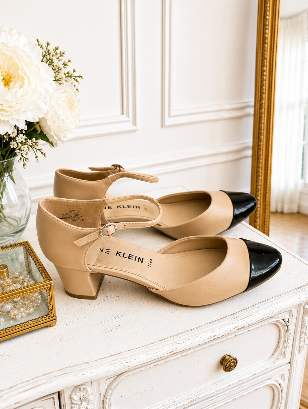 Anne Klein iFlex Nude/Black Cap Toe Ankle Strap Block Heel Pumps | Size 8.5 - Picture 3 of 7